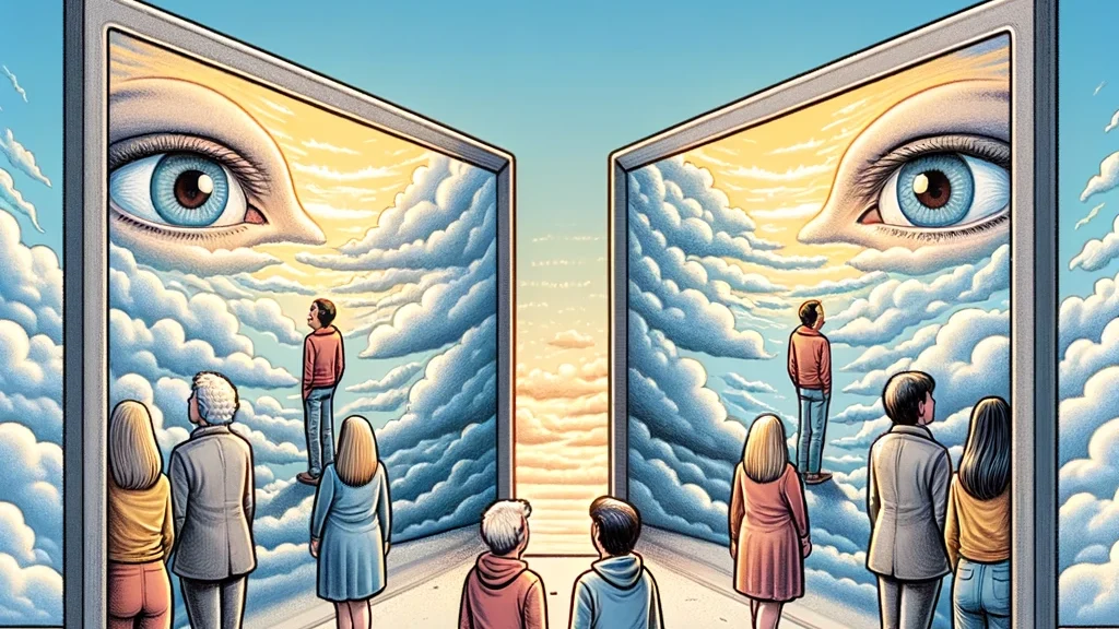 Navigating Perception and Reality - Illustration of two individuals viewing the same object differently, highlighting the subjective nature of human perception.